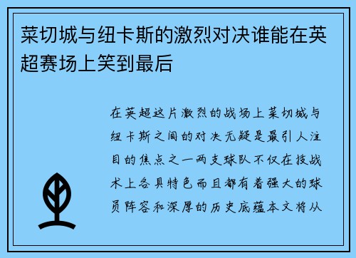 菜切城与纽卡斯的激烈对决谁能在英超赛场上笑到最后