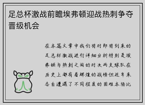 足总杯激战前瞻埃弗顿迎战热刺争夺晋级机会