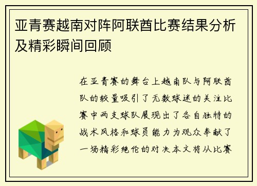 亚青赛越南对阵阿联酋比赛结果分析及精彩瞬间回顾