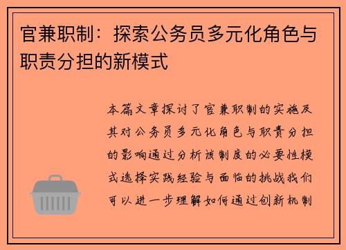 官兼职制：探索公务员多元化角色与职责分担的新模式