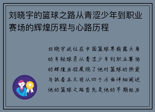 刘晓宇的篮球之路从青涩少年到职业赛场的辉煌历程与心路历程