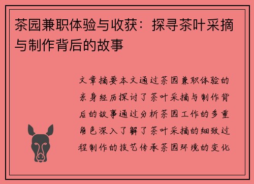 茶园兼职体验与收获：探寻茶叶采摘与制作背后的故事