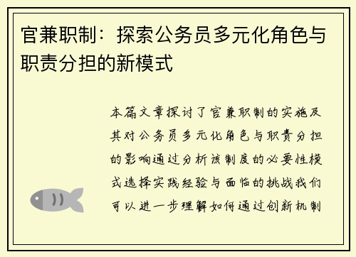 官兼职制：探索公务员多元化角色与职责分担的新模式